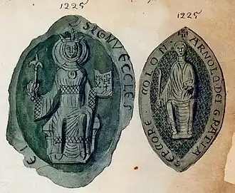 Zegels aan een charter uit 1225, getekend door Philippe van Gulpen, ca. 1860. Links het zegel van het Onze-Lieve-Vrouwekapittel; rechts dat van proost Arnoldus van Born