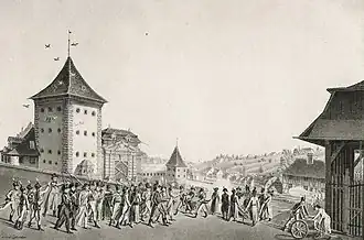 Dood van luitenant Rudolf von Werdt in de Stecklikrieg. Pentekening van Karl Ludwig Zehender (1751–1814).