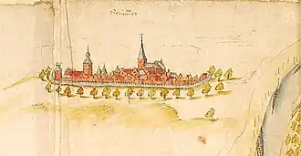 Zevenaar in 1577. Links zijn de torens van het kasteel Sevenaer zichtbaar.