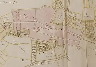 Zevenaar in 1723. Uiterst rechts is de Binnenmolen herkenbaar, aan de onderzijde liggen de huizen Enghuizen en Sevenaer. Het noorden is rechts.