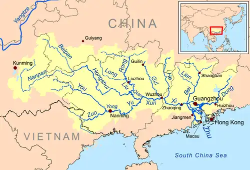 Kaart van het stroomgebied van de drie toevoeren van de Parelrivier