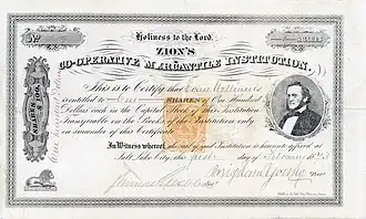 Aandeel van Zion's Co-Operative Mercantile Institution voor 100 dollar, uitgegeven op 1 februari 1873 in Salt Lake City, Utah Territory, oorspronkelijk ondertekend door Brigham Young als president