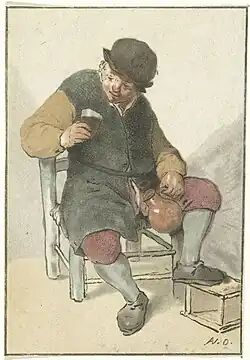 Zittende boer met kruik, prenttekening