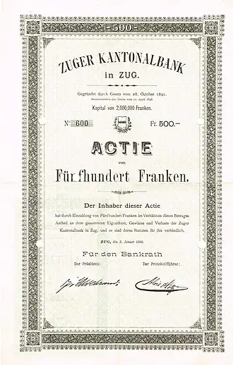 Aandeel van de Kantonnale Bank van Zug uit 1899.