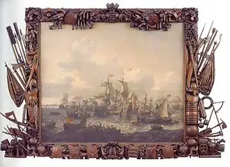 Schilderij Slag op de Zuiderzee door Jan Theunisz. Blanckerhoff, lijst door Kinnema