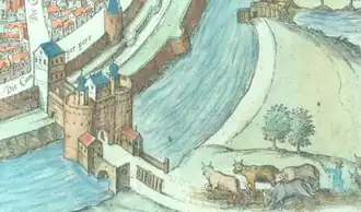 De Kamperpoort en Kamperpoortenbrug op een kaart uit 1630 van Guiccardini.