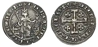 Koning Peter II troont met scepter in zijn rechterhand en een kruisvormige wereldbol in zijn linkerhand. Rechts een leeuwenschild. Munt uit Koninkrijk Cyprus