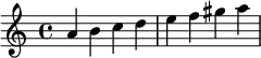  \relative c'' { \clef treble  a b c d | e f gis a } 