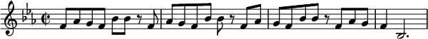 { \key es \major
 \time 2/2 f'8 as' g' f' bes' bes' r8 f' as' g' f' bes' bes' r8 f' as' g' f' bes' bes' r8 f' as' g' f'4 bes2.}