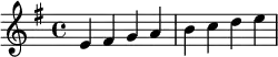  \relative c' { \clef treble\key e \minor e fis g a | b c d e } 
