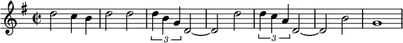 {\key g \major
 \time 2/2 d''2 c''4 b' d''2 d''2 \times 2/3 {d''4 b' g'} d'2~d'2 d''2 \times 2/3 {d''4 c'' a'} d'2~d' b'2 g'1 }