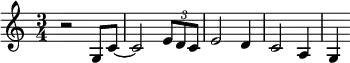 { \time 3/4  r2 g8 c' ~ c'2 \times 2/3 {e'8 d' c'} e'2 d'4 c'2 a4 g }