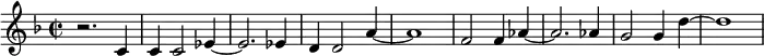 {\key f \major \time 2/2 r2. c'4 c' c'2 es'4~es'2. es'4 d'4 d'2 a'4~a'1 f'2 f'4 as'4~as'2. as'4 g'2 g'4 d''4~d''1 }