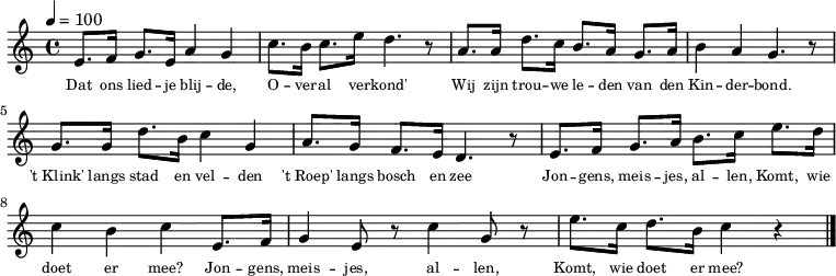 

 \transpose c c \relative c' {
  \override LyricText #'font-size = #-3
#(set-global-staff-size 10)
  \key c \major
  \tempo 4 = 100
  \time 4/4
e8. f16 g8. e16 a4 g
c8. b16 c8. e16 d4. r8
a8. a16 d8. c16 b8. a16 g8. a16
b4 a g4. r8

g8. g16 d'8. b16 c4 g
a8. g16 f8. e16 d4. r8
e8. f16 g8. a16 b8. c16 e8. d16
c4 b c e,8. f16
g4 e8 r8 c'4 g8 r8
e'8. c16 d8. b16 c4 r4
\bar "|."
}

\addlyrics {
\set fontSize = #-2
Dat ons lied -- je blij -- de,
O -- ver -- al ver -- kond'
Wij zijn trou -- we le -- den
van den Kin -- der -- bond.

't_Klink' langs stad en vel -- den
't_Roep' langs bosch en zee
Jon -- gens, meis -- jes, al -- len,
Komt, wie doet er mee? Jon -- gens,
meis -- jes, al -- len,
Komt, wie doet er mee?
}
