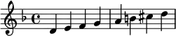  \relative c' { \clef treble\key d \minor d e f g | a b cis d } 