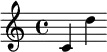  \relative c'' { \clef treble  c, d'  } 