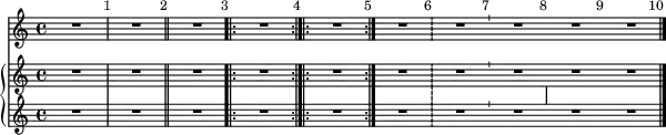 << \new ChoirStaff \with { \override VerticalAxisGroup.staff-staff-spacing = #'((basic-distance . 6) (minimum-distance . 4)) } << \override Score.BarNumber.break-visibility = ##(#t #t #t) \set Score.currentBarNumber = #0 \new Staff \with { \magnifyStaff #5/7 } \relative { R1^\markup { \hspace #8 \raise #0.82 \fontsize #1 1 } R1 \bar "||" R1 \bar ".|:" R1 \bar ":|.|:" R1 \bar ":|." R1 \bar "!" R1 \bar "'" R1 \once \override Staff.BarLine.allow-span-bar = ##t \once \hide Staff.BarLine \bar "|"\bar "|" R1 \bar "" R1 \bar "|." } >> \new GrandStaff \with { \override VerticalAxisGroup.staff-staff-spacing = #'((basic-distance . 5) (minimum-distance . 4)) } << \new Staff \with { \magnifyStaff #5/7 } \relative { R1 R1 \bar "||" R1 \bar ".|:" R1 \bar ":|.|:" R1 \bar ":|." R1 \bar "!" R1 \bar "'" R1  \once \hide Staff.BarLine \bar "|" R1 \bar "" R1 \bar "|." } \new Staff \with { \magnifyStaff #5/7 } \relative { R1 R1 \bar "||" R1 \bar ".|:" R1 \bar ":|.|:" R1 \bar ":|." R1 \bar "!" R1 \bar "'" R1 \once \hide Staff.BarLine \bar "|" R1 \bar "" R1 \bar "|." } >> >> 