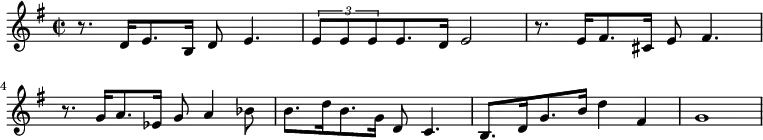 {\key g \major \time 2/2 r8. d'16 e'8. b16 d'8 e'4.\times 2/3 {e'8 e' e'}  e'8. d'16 e'2 r8. e'16 fis'8. cis'16 e'8 fis'4. r8. g'16 a'8. es'16 g'8 a'4 bes'8 b'8. d''16 b'8. g'16 d'8 c'4. b8. d'16 g'8. b'16 d''4 fis'4 g'1 }