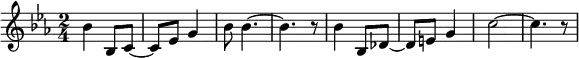 {\key es \major
  \time 2/4 bes'4 bes8 c'~c' es' g'4 bes'8 bes'4.~bes'4. r8 bes'4 bes8 des'~des'8 e' g'4 c''2~c''4. r8 }