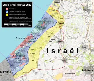 De Gazastrook in het rozerood, Israëlisch gebied waar Hamasleden[1] werden gerapporteerd in het blauwpaars. Het geel geeft ontruimde gebieden aan.