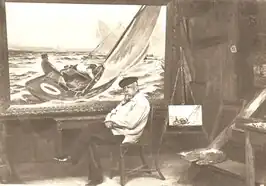 Edmond de Palézieux in zijn atelier, voor het werk Souvenir de régates, rond 1923.