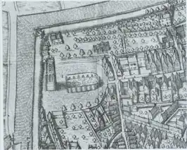 Uitsnede van de vervallen Sint-Vituskerk uit het begin van de 17e eeuw