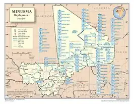 De ontplooiing van MINUSMA in Mali in juni 2017. De meeste manschappen komen uit Bangladesh, Burkina Faso, Duitsland, Guinee, Niger, Senegal, Togo en Tsjaad. Sinds 1 januari 2017 voert de Belgische generaal-majoor Jean-Paul Deconinck het bevel.