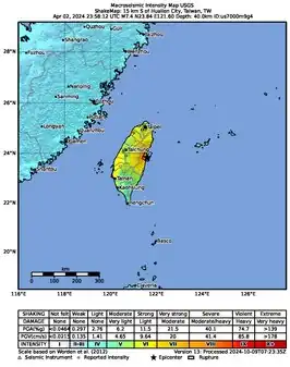 Seismologische kaart van de aardbeving Hualien 2024